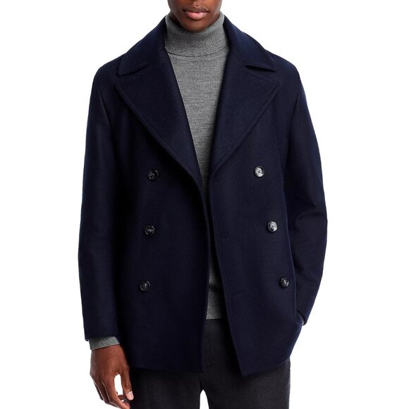 Hugo Boss Men's BOSS Clay Peacoat Jacket Double Breasted Button Front Dark Blue - Picture 1 of 8